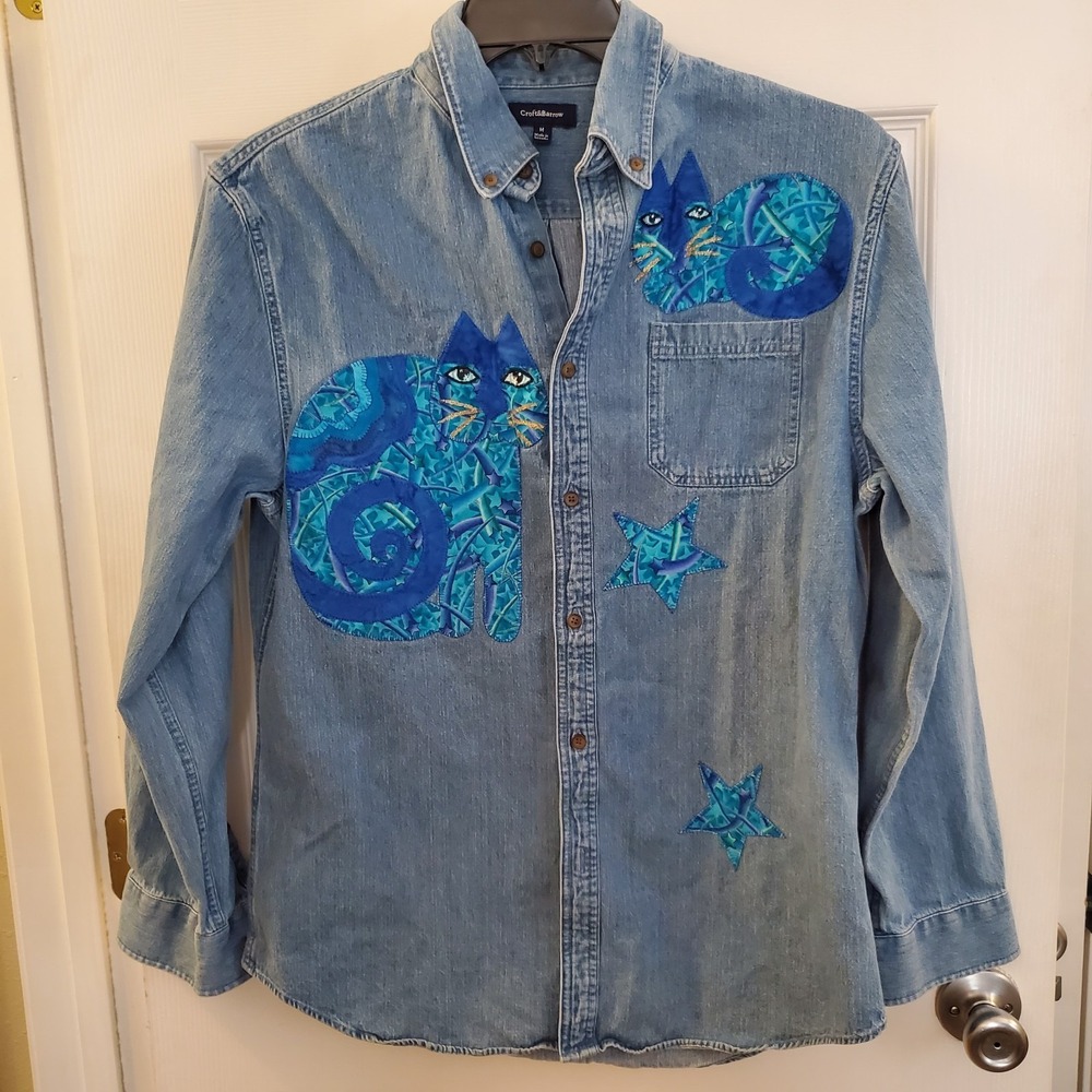 Croft & Barrow sz M Jean shirt Cat Lady stars‎ button up long slv artsy hippie